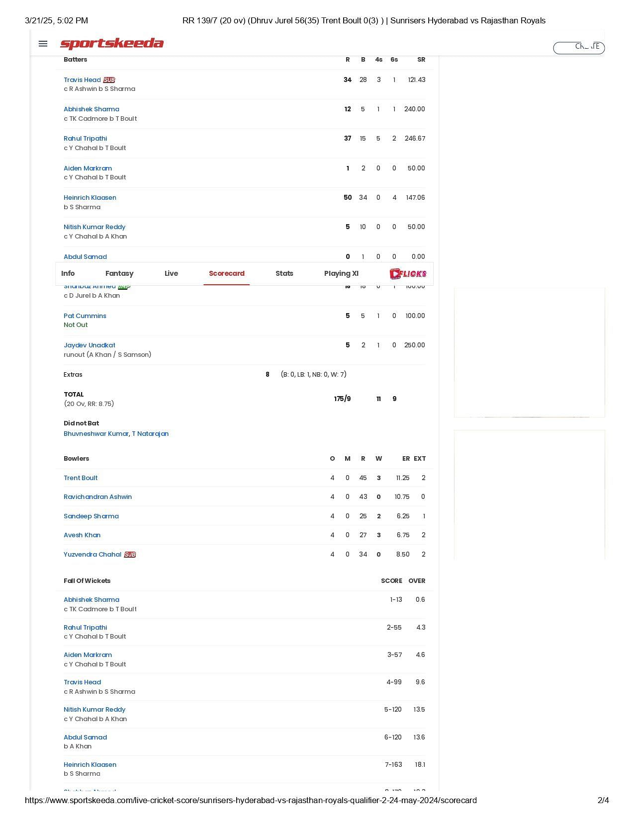 RR vs SRH IPL 2024 scorecard.